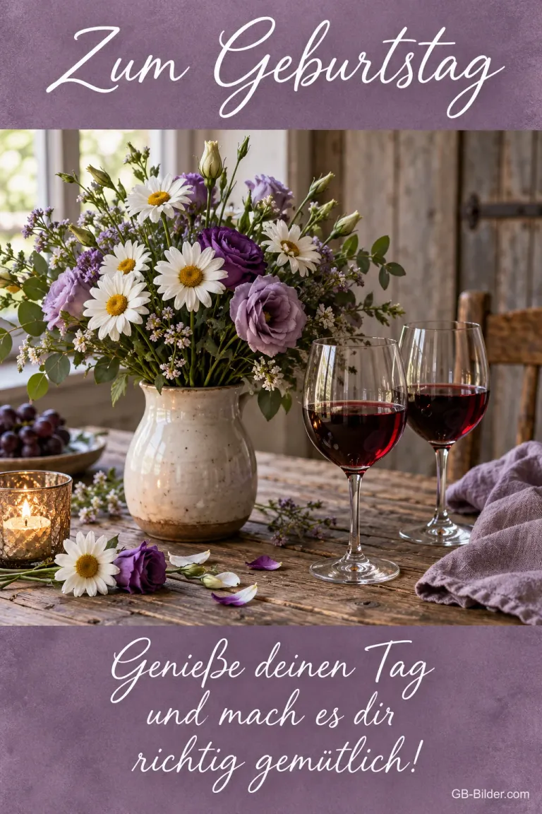 Blumenstrauß und zwei Gläser Rotwein auf einem Holztisch, Text: Zum Geburtstag – Genieße deinen Tag und mach es dir richtig gemütlich!