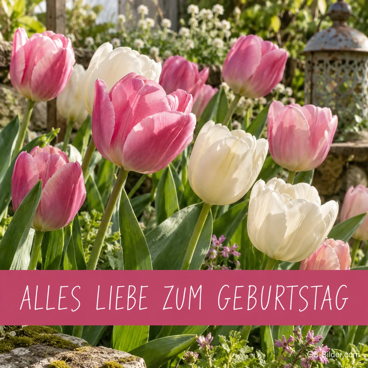 Rosa und weiße Tulpen im Garten, Text: ALLES LIEBE ZUM GEBURTSTAG Rosa und weiße Tulpen im Garten, Text: ALLES LIEBE ZUM GEBURTSTAG