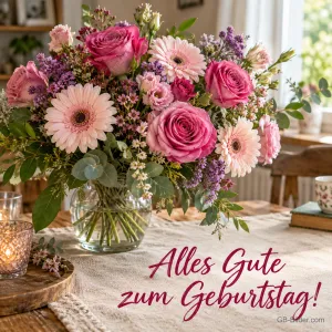 Strauß aus Rosen und Gerbera in einer Glasvase, Text: Alles Gute zum Geburtstag!