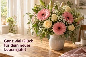 Strauß aus Gerbera und Rosen in einer Vase am Fenster, Text: Ganz viel Glück für dein neues Lebensjahr!