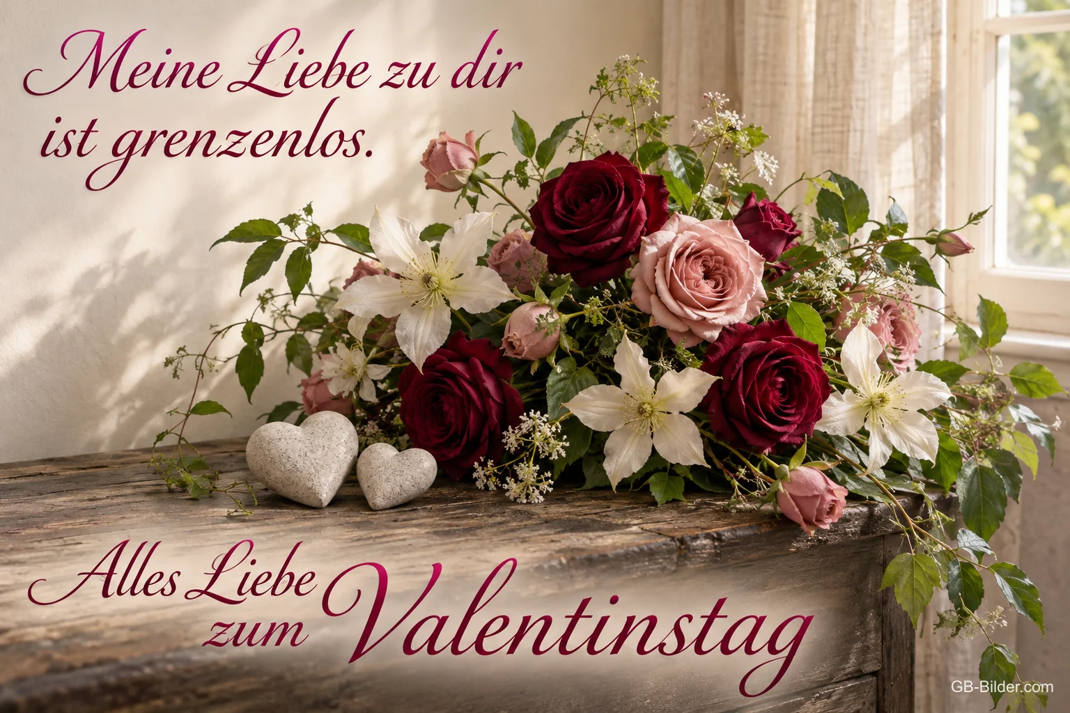 Strauß aus Rosen und Lilien neben zwei weißen Herzen, Text: Meine Liebe zu dir ist grenzenlos. Alles Liebe zum Valentinstag Strauß aus Rosen und Lilien neben zwei weißen Herzen, Text: Meine Liebe zu dir ist grenzenlos. Alles Liebe zum Valentinstag
