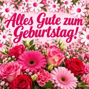 Strauß aus pinken Gerbera und Rosen unter einem Kranz weißer Blüten, Text: Alles Gute zum Geburtstag!