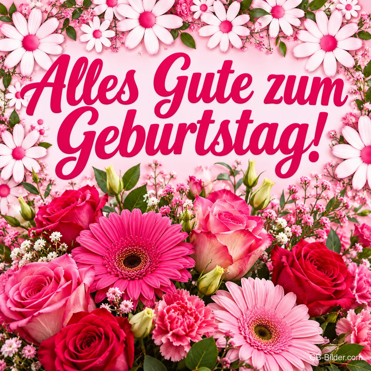 Strauß aus pinken Gerbera und Rosen unter einem Kranz weißer Blüten, Text: Alles Gute zum Geburtstag! Strauß aus pinken Gerbera und Rosen unter einem Kranz weißer Blüten, Text: Alles Gute zum Geburtstag!