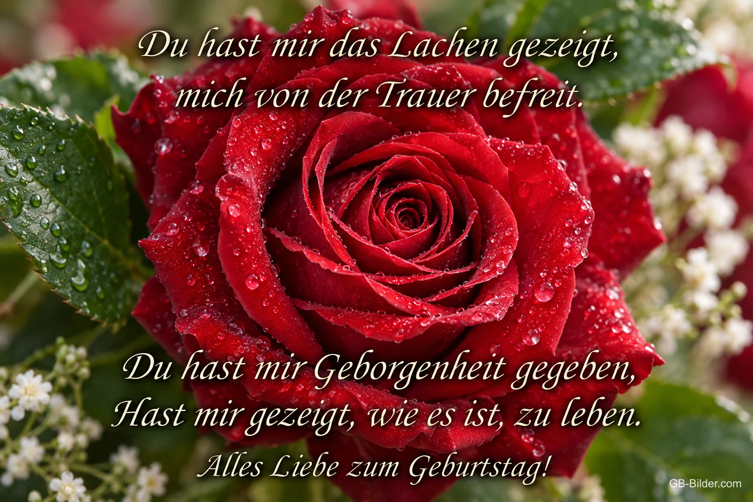 Rote Rose mit Wassertropfen, Text: Du hast mir das Lachen gezeigt, mich von der Trauer befreit. Du hast mir Geborgenheit gegeben, hast mir gezeigt, wie es ist, zu leben. Alles Liebe zum Geburtstag!