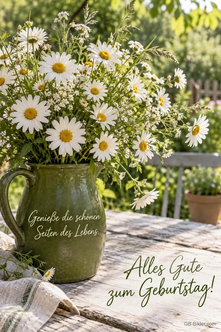 Margeriten in einem grünen Krug auf einem Gartentisch, Text: Genieße die schönen Seiten des Lebens. Alles Gute zum Geburtstag!