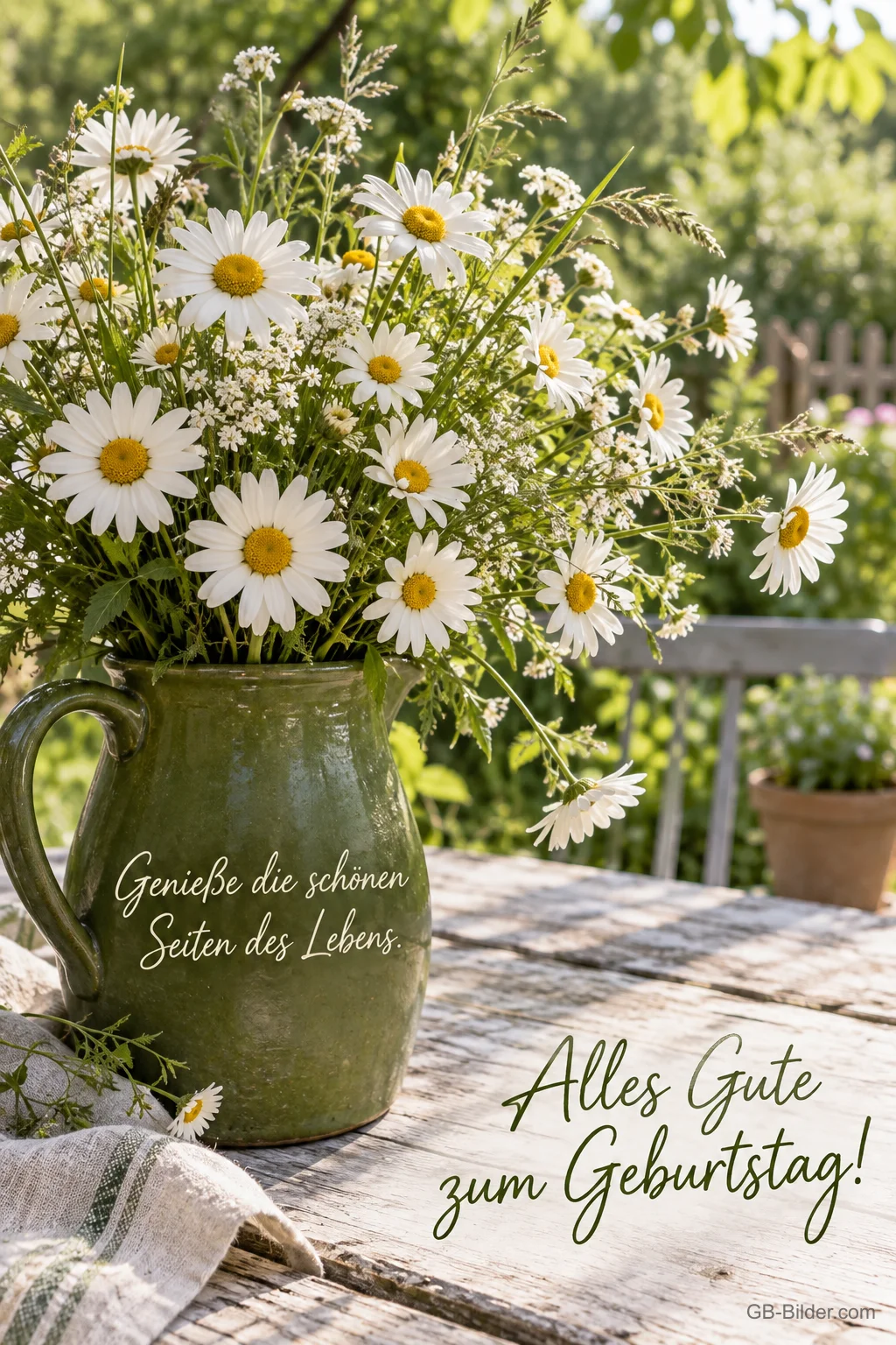 Margeriten in einem grünen Krug auf einem Gartentisch, Text: Genieße die schönen Seiten des Lebens. Alles Gute zum Geburtstag! Margeriten in einem grünen Krug auf einem Gartentisch, Text: Genieße die schönen Seiten des Lebens. Alles Gute zum Geburtstag!