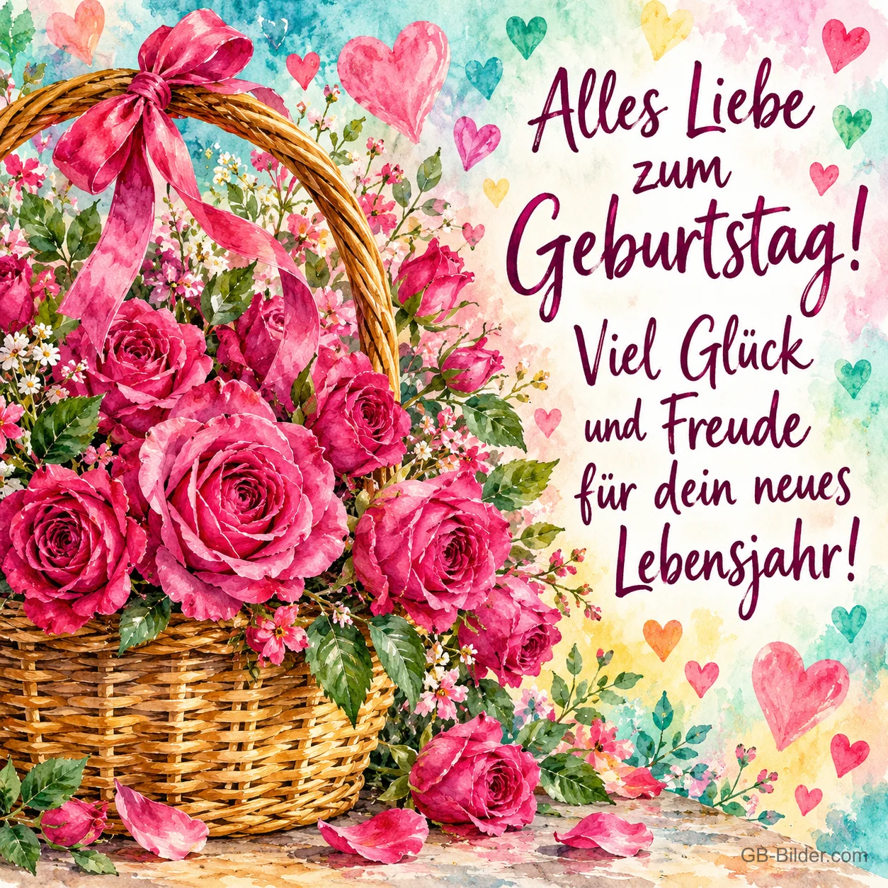 Weidenkorb voller pinker Rosen mit Schleife und Herzen, Text: Alles Liebe zum Geburtstag! Viel Glück und Freude für dein neues Lebensjahr! Weidenkorb voller pinker Rosen mit Schleife und Herzen, Text: Alles Liebe zum Geburtstag! Viel Glück und Freude für dein neues Lebensjahr!