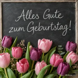 Kreidetafel mit Schrift über rosa und lila Tulpen, Text: Alles Gute zum Geburtstag!