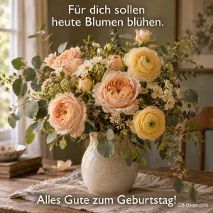 Strauß aus Rosen und Ranunkeln in einer Vase am Fenster, Text: Für dich sollen heute Blumen blühen. Alles Gute zum Geburtstag!