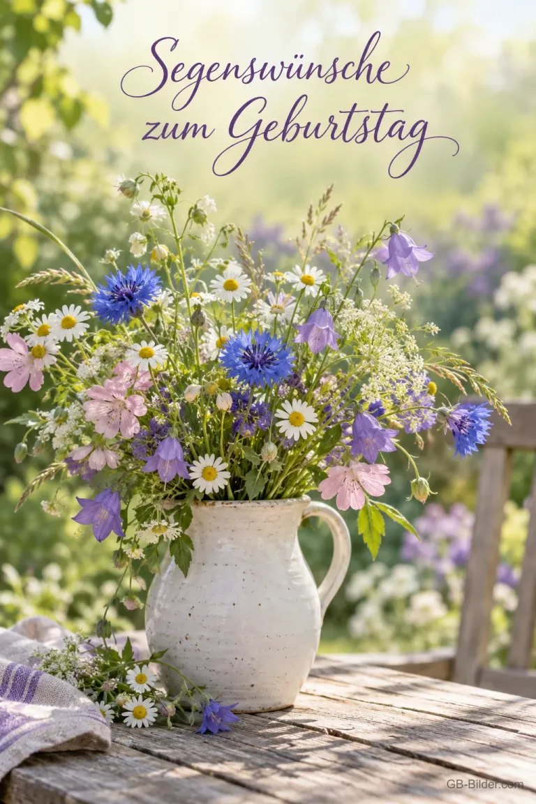 Strauß aus Kornblumen, Margeriten und Glockenblumen in einem Krug, Text: Segenswünsche zum Geburtstag