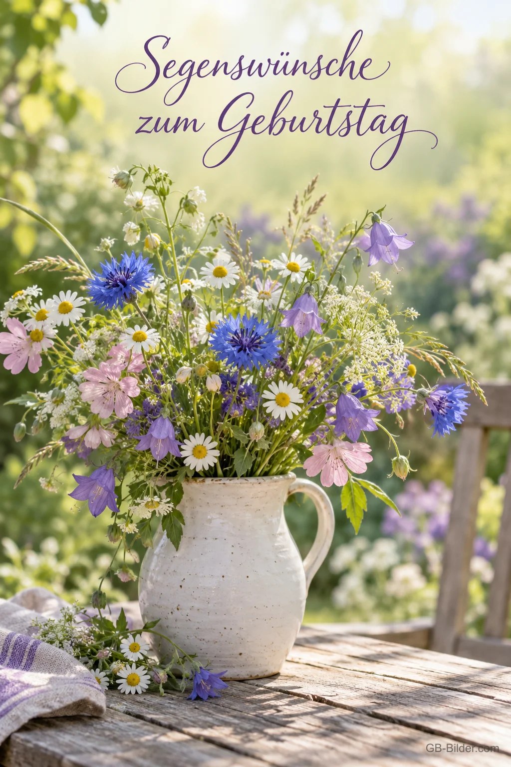 Strauß aus Kornblumen, Margeriten und Glockenblumen in einem Krug, Text: Segenswünsche zum Geburtstag Strauß aus Kornblumen, Margeriten und Glockenblumen in einem Krug, Text: Segenswünsche zum Geburtstag