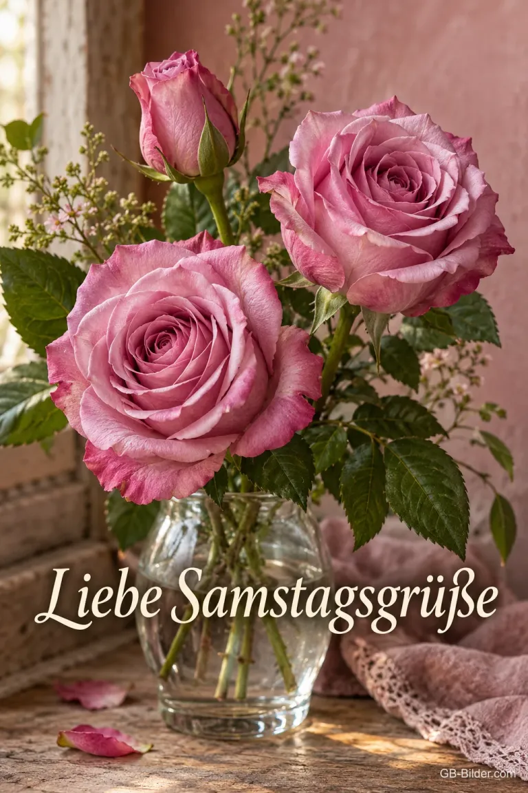 Rosa Rosen in einer Glasvase, Text: Liebe Samstagsgrüße