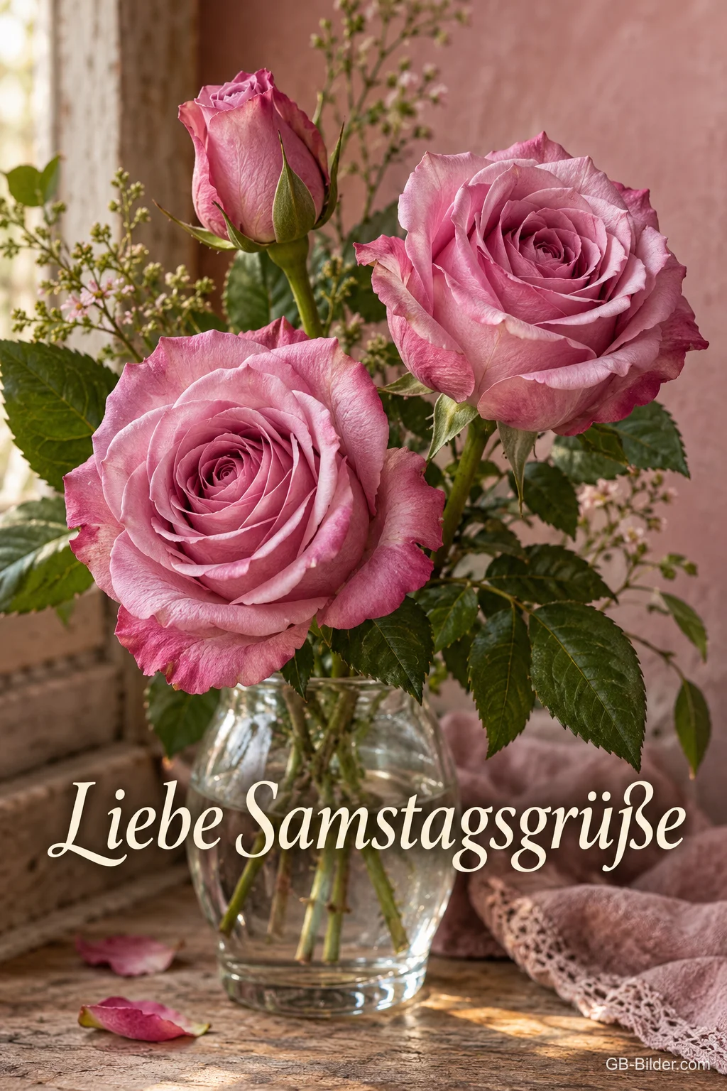 Rosa Rosen in einer Glasvase, Text: Liebe Samstagsgrüße