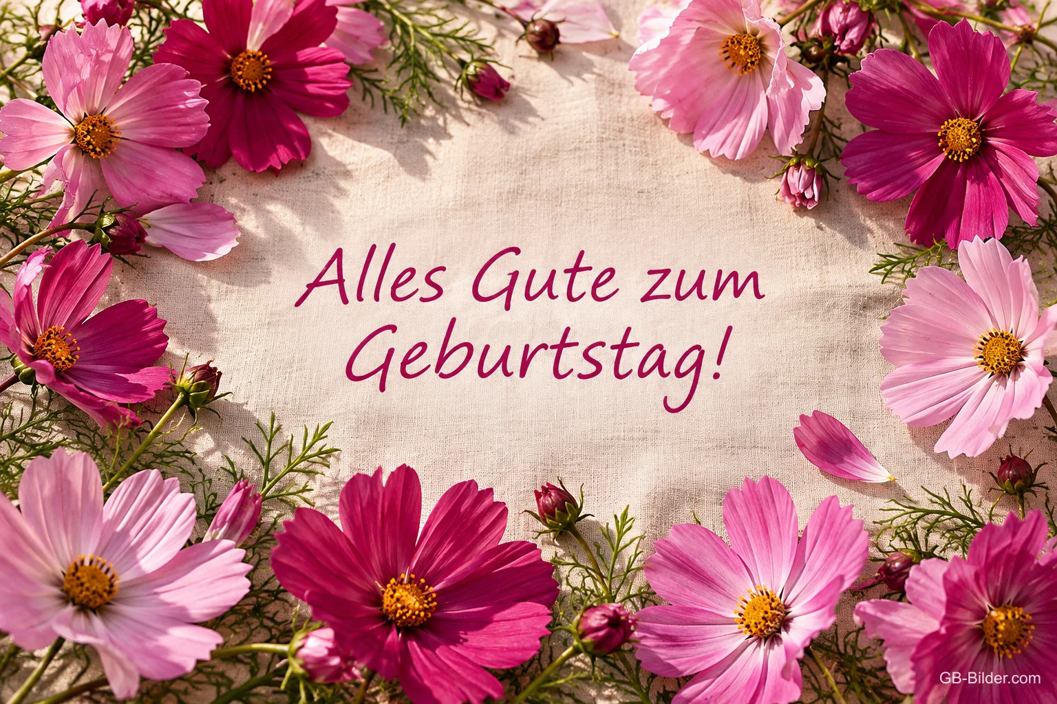 Rahmen aus rosa Schmuckkörbchen auf Leinen, Text: Alles Gute zum Geburtstag! Rahmen aus rosa Schmuckkörbchen auf Leinen, Text: Alles Gute zum Geburtstag!