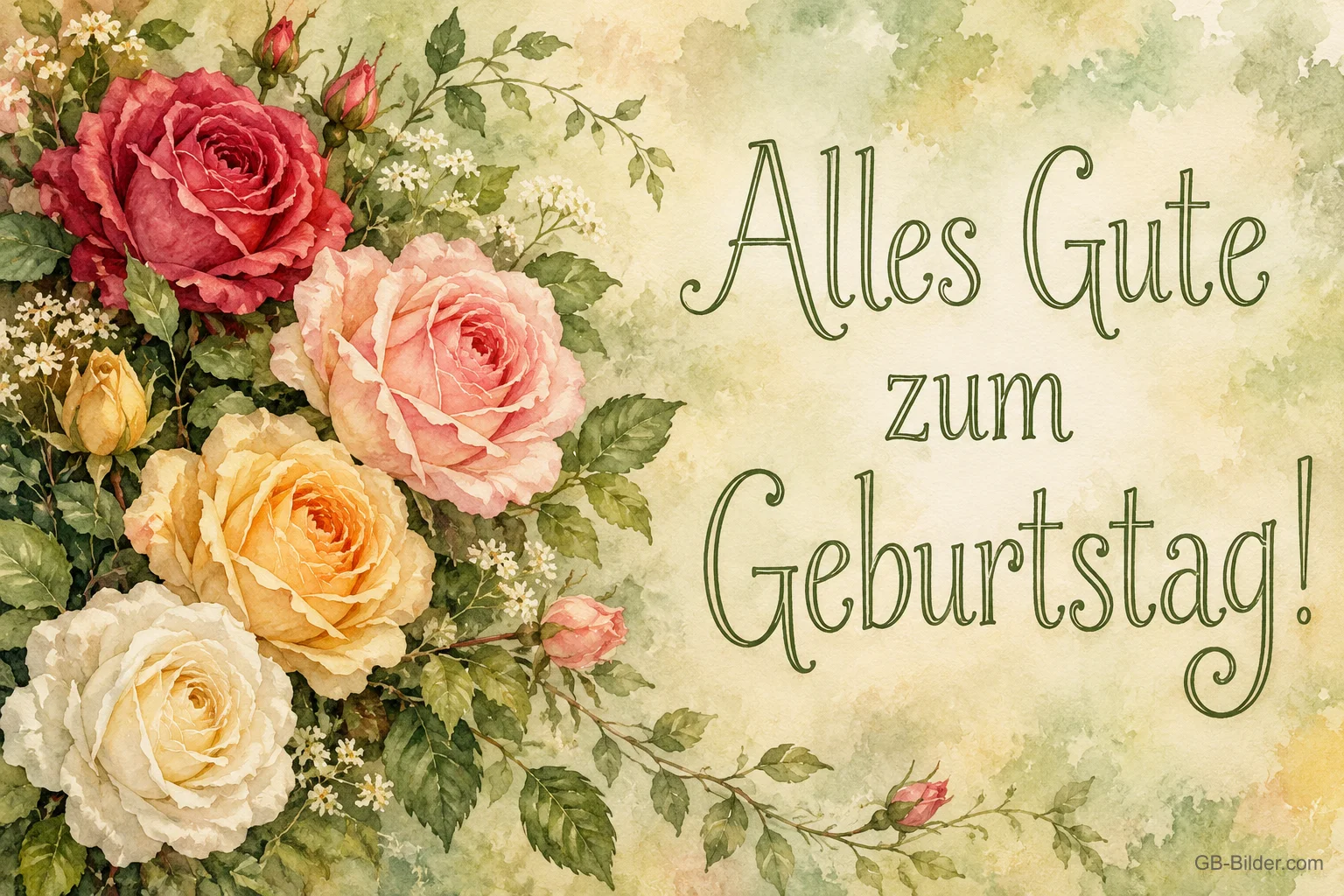 Bunte Rosen am Rand eines hellen Aquarellhintergrunds, Text: Alles Gute zum Geburtstag! Bunte Rosen am Rand eines hellen Aquarellhintergrunds, Text: Alles Gute zum Geburtstag!