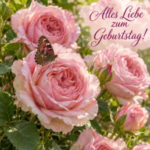 Rosa Rosen mit einem Schmetterling im Garten, Text: Alles Liebe zum Geburtstag!