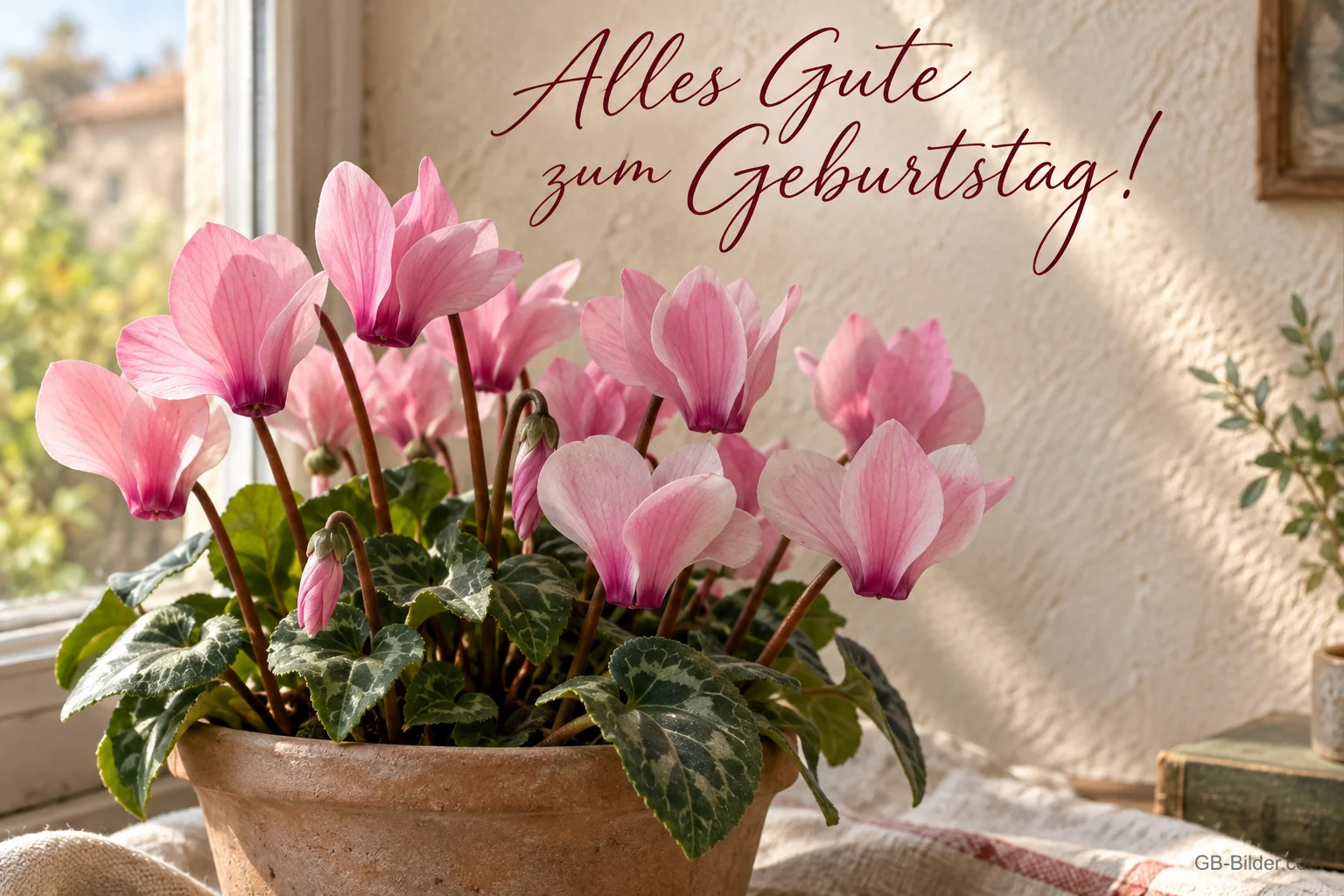 Rosa Alpenveilchen im Tontopf am Fenster, Text: Alles Gute zum Geburtstag! Rosa Alpenveilchen im Tontopf am Fenster, Text: Alles Gute zum Geburtstag!