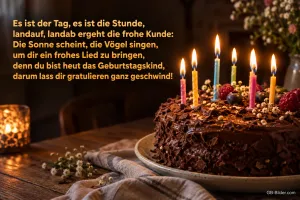 Schokoladentorte mit brennenden Kerzen, Text: Es ist der Tag, es ist die Stunde, landauf, landab ergeht die frohe Kunde: Die Sonne scheint, die Vögel singen, um dir ein frohes Lied zu bringen, denn du bist heut das Geburtstagskind, darum lass dir gratulieren ganz geschwind!