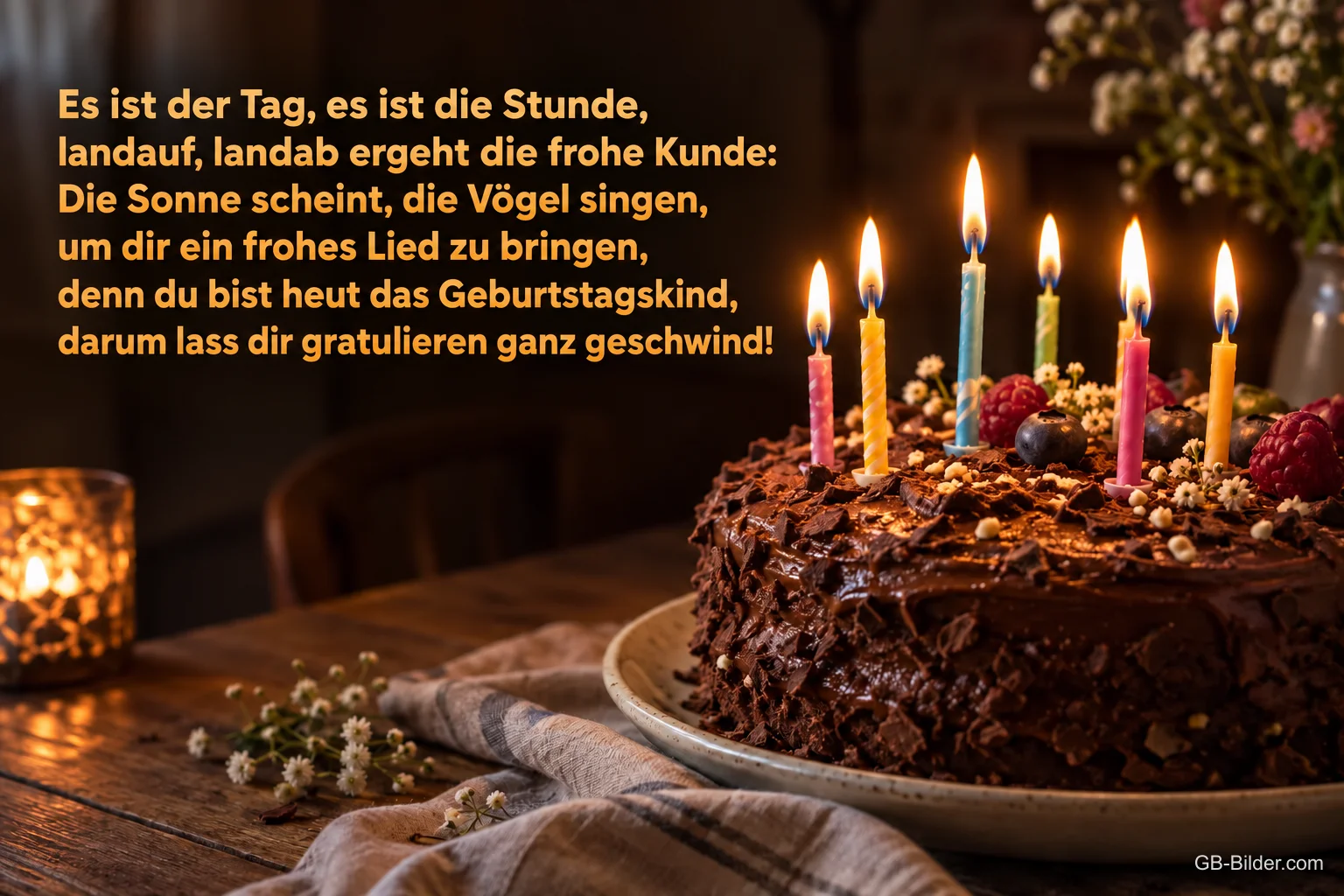 Schokoladentorte mit brennenden Kerzen, Text: Es ist der Tag, es ist die Stunde, landauf, landab ergeht die frohe Kunde: Die Sonne scheint, die Vögel singen, um dir ein frohes Lied zu bringen, denn du bist heut das Geburtstagskind, darum lass dir gratulieren ganz geschwind!