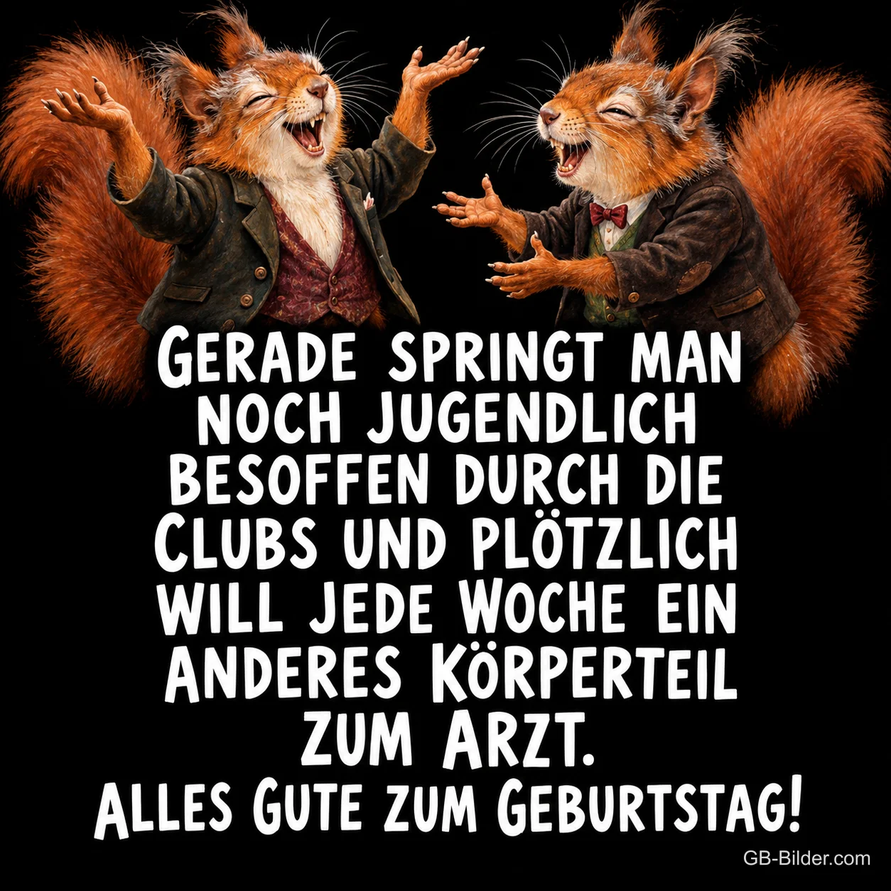 Zwei Eichhörnchen in Westen lachen mit erhobenen Pfoten, Text: Gerade springt man noch jugendlich besoffen durch die Clubs und plötzlich will jede Woche ein anderes Körperteil zum Arzt. Alles Gute zum Geburtstag!