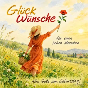 Frau mit Blume in der Sommerwiese, Text: Glückwünsche für einen lieben Menschen