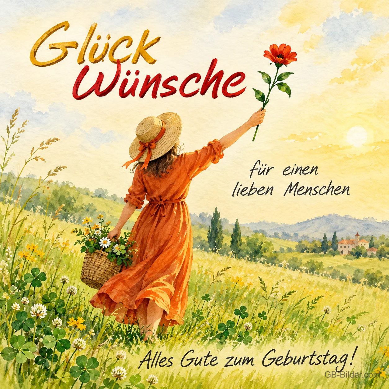 Frau mit Blume in der Sommerwiese, Text: Glückwünsche für einen lieben Menschen