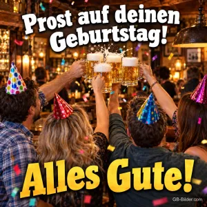 Freunde mit Partyhüten stoßen mit Bierkrügen im Pub an, Text: Prost auf deinen Geburtstag! Alles Gute!