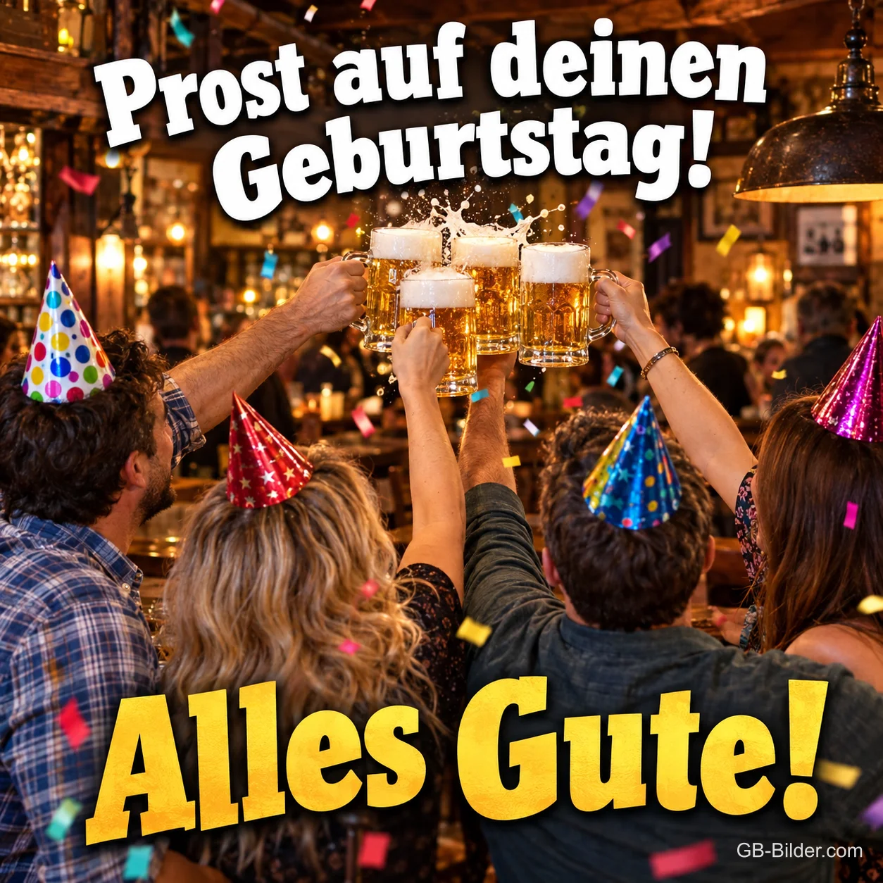 Freunde mit Partyhüten stoßen mit Bierkrügen im Pub an, Text: Prost auf deinen Geburtstag! Alles Gute!
