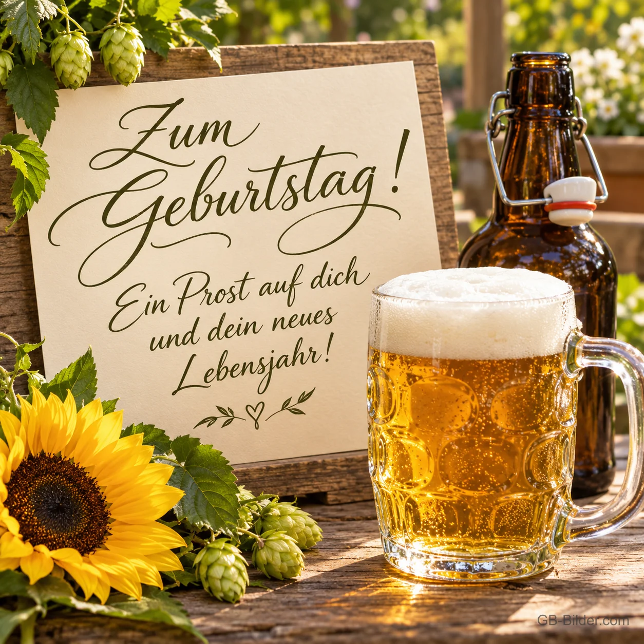 Bierkrug, Bügelflasche und Sonnenblume vor einer Tafel, Text: Zum Geburtstag! Ein Prost auf dich und dein neues Lebensjahr! Bierkrug, Bügelflasche und Sonnenblume vor einer Tafel, Text: Zum Geburtstag! Ein Prost auf dich und dein neues Lebensjahr!