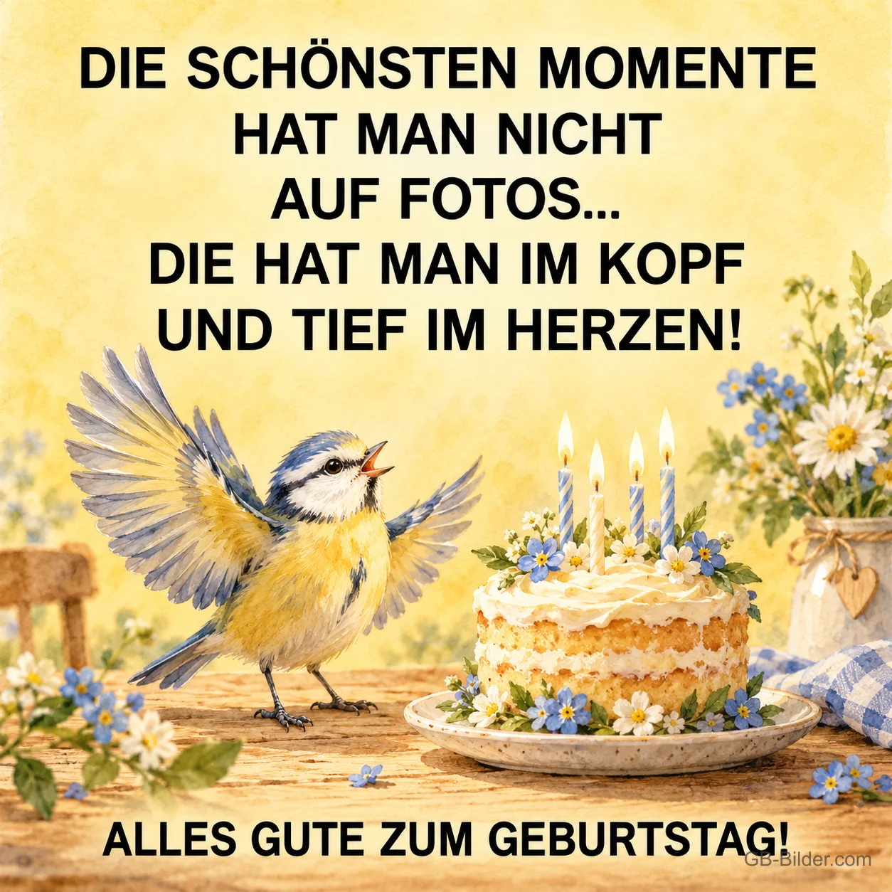 Blaumeise vor der Geburtstagstorte, Text: DIE SCHÖNSTEN MOMENTE HAT MAN NICHT AUF FOTOS