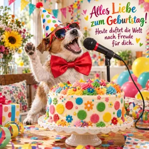 Hund mit Partyhut, Sonnenbrille und Fliege singt ins Mikrofon neben bunter Torte, Text: Alles Liebe zum Geburtstag! Heute duftet die Welt nach Freude für dich.