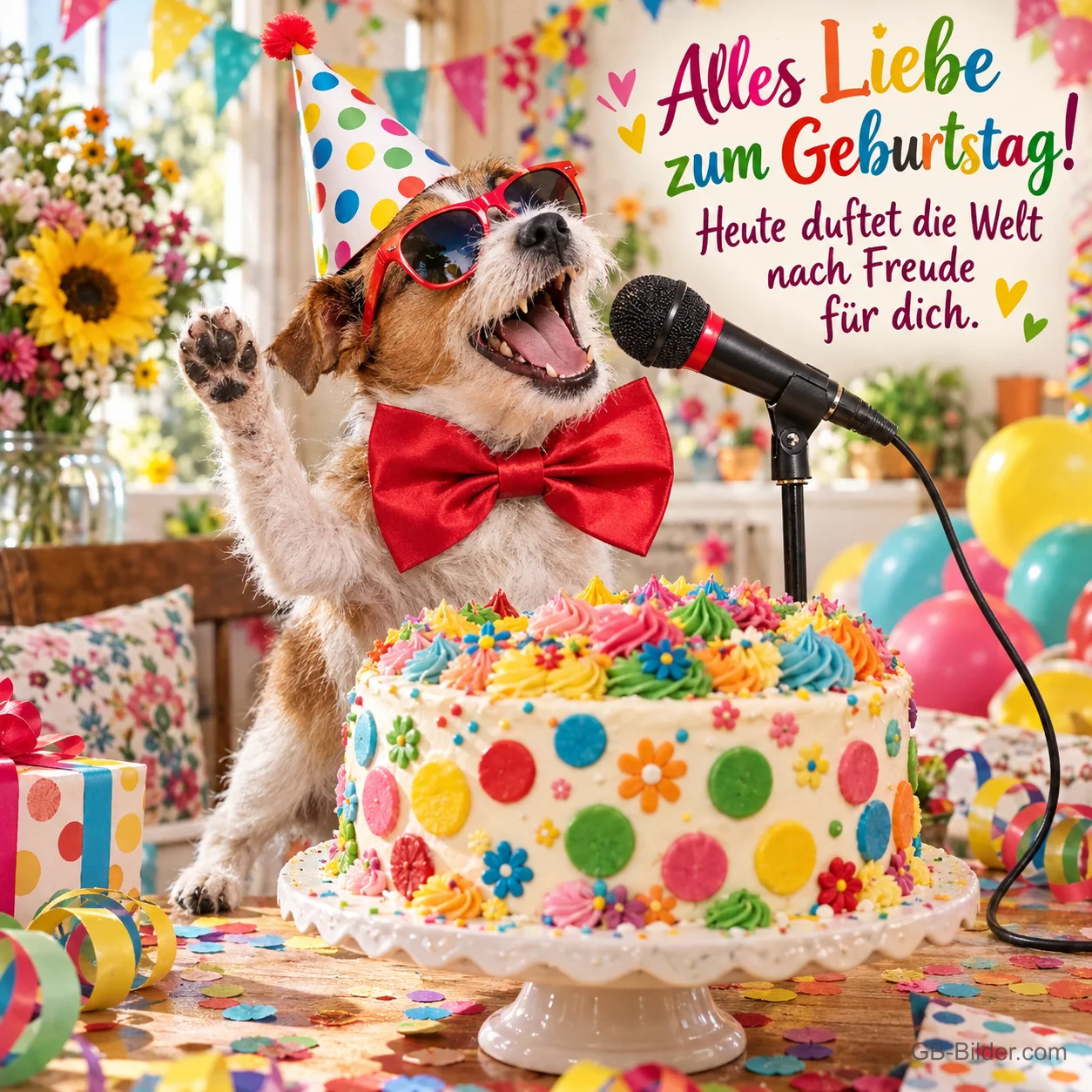 Hund mit Partyhut, Sonnenbrille und Fliege singt ins Mikrofon neben bunter Torte, Text: Alles Liebe zum Geburtstag! Heute duftet die Welt nach Freude für dich. Hund mit Partyhut, Sonnenbrille und Fliege singt ins Mikrofon neben bunter Torte, Text: Alles Liebe zum Geburtstag! Heute duftet die Welt nach Freude für dich.