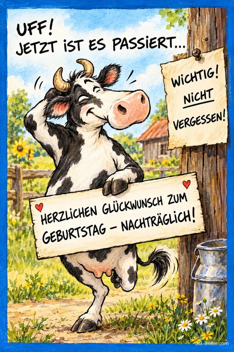 Verlegene Kuh mit Schild steht an einem Pfosten mit Zettel auf dem Bauernhof, Text: UFF! JETZT IST ES PASSIERT… WICHTIG! NICHT VERGESSEN! HERZLICHEN GLÜCKWUNSCH ZUM GEBURTSTAG – NACHTRÄGLICH!