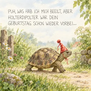 Schildkröte mit Partyhut auf einem Feldweg, Text: PUH, WAS HAB ICH MICH BEEILT, ABER HOLTERDIPOLTER WAR DEIN GEBURTSTAG SCHON WIEDER VORBEI…