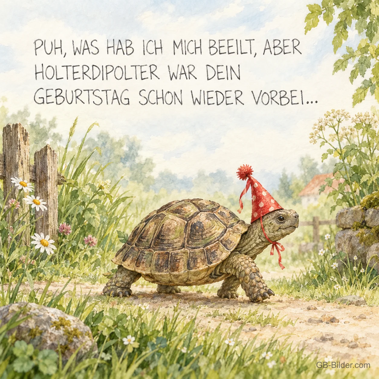 Schildkröte mit Partyhut auf einem Feldweg, Text: PUH, WAS HAB ICH MICH BEEILT, ABER HOLTERDIPOLTER WAR DEIN GEBURTSTAG SCHON WIEDER VORBEI…