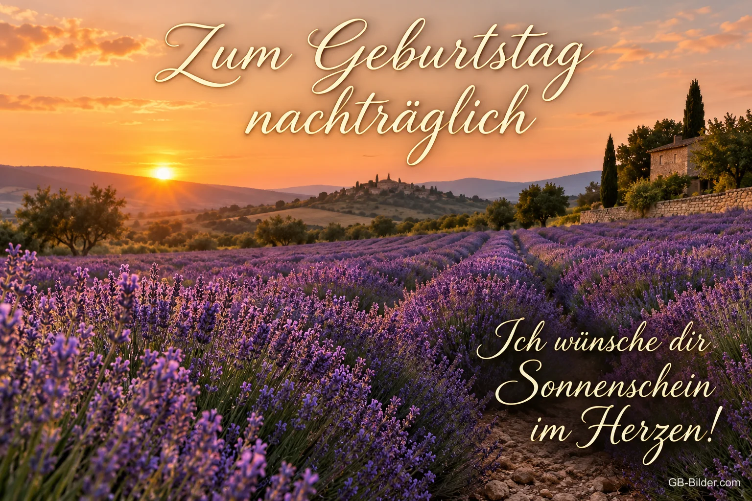Lavendelfeld im Sonnenuntergang, Text: Zum Geburtstag nachträglich – Ich wünsche dir Sonnenschein im Herzen!