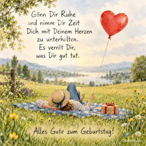 Frau mit Herzballon auf der Wiese, Text: Gönn Dir Ruhe und nimm Dir Zeit Dich mit Deinem Herzen zu unterhalten