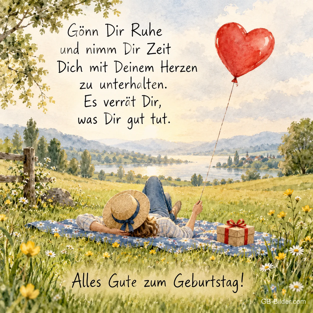 Frau mit Herzballon auf der Wiese, Text: Gönn Dir Ruhe und nimm Dir Zeit Dich mit Deinem Herzen zu unterhalten