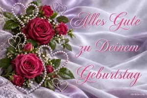 Rote Rosen auf Seide, Text: Alles Gute zu Deinem Geburtstag