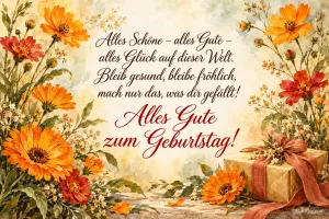 Orange Blumen und ein Geschenk mit Schleife, Text: Alles Schöne – alles Gute – alles Glück auf dieser Welt. Bleib gesund, bleibe fröhlich, mach nur das, was dir gefällt! Alles Gute zum Geburtstag!