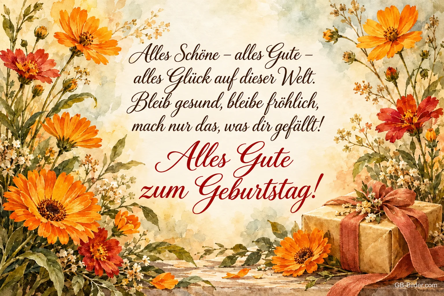 Orange Blumen und ein Geschenk mit Schleife, Text: Alles Schöne – alles Gute – alles Glück auf dieser Welt. Bleib gesund, bleibe fröhlich, mach nur das, was dir gefällt! Alles Gute zum Geburtstag!