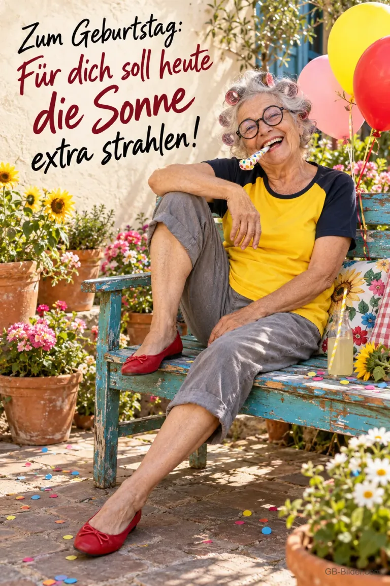 Ältere Dame mit Brille und Tröte sitzt lachend auf einer Gartenbank, Text: Zum Geburtstag: Für dich soll heute die Sonne extra strahlen!