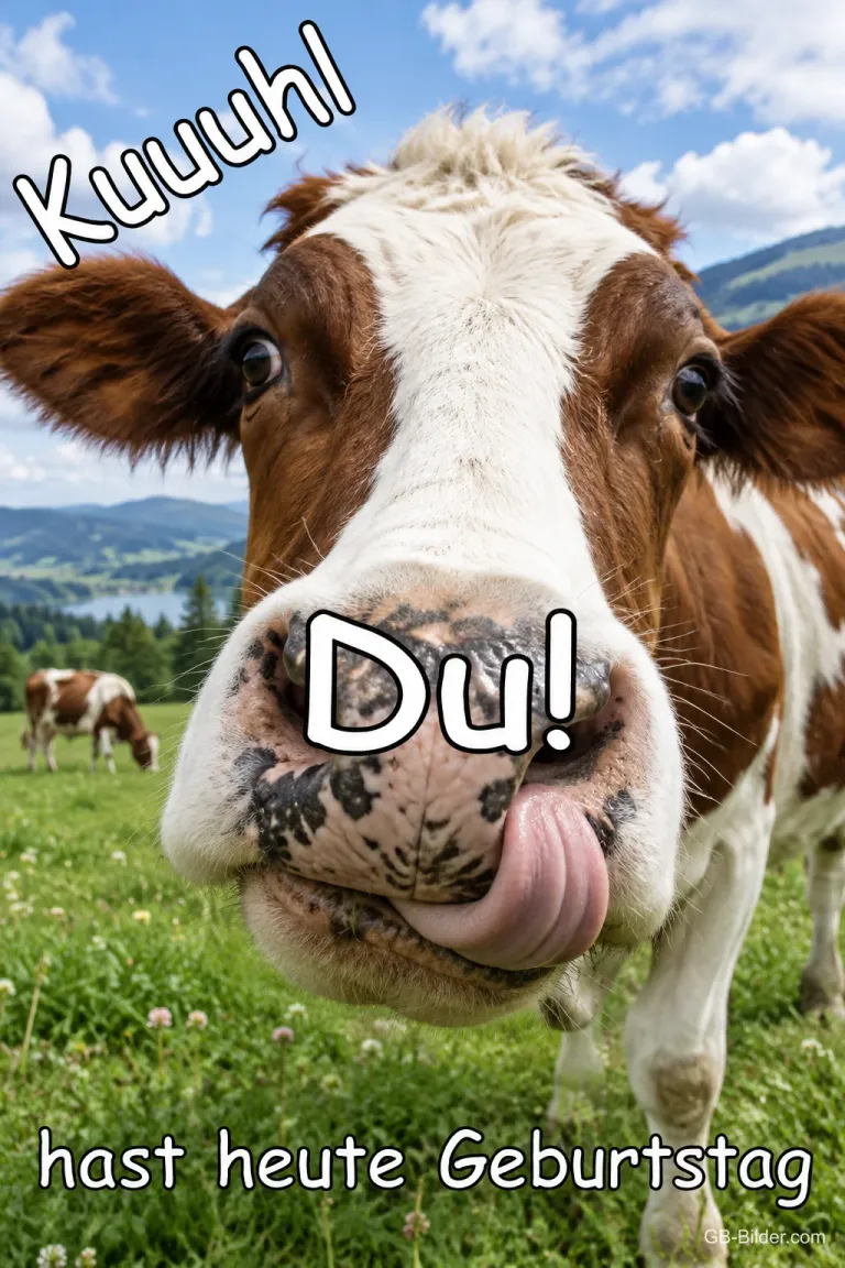 Kuh streckt die Zunge raus auf einer Almwiese, Text: Kuuuhl – Du! hast heute Geburtstag