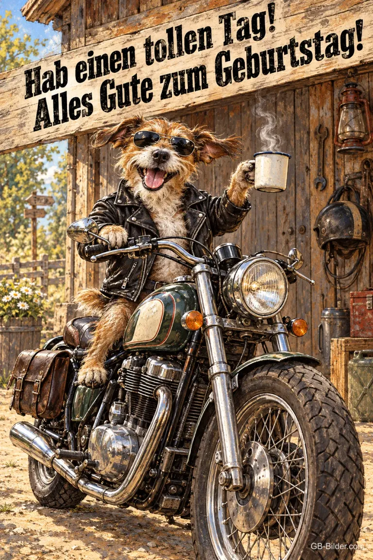 Hund mit Lederjacke und Sonnenbrille sitzt mit Kaffeetasse auf einem Motorrad, Text: Hab einen tollen Tag! Alles Gute zum Geburtstag!