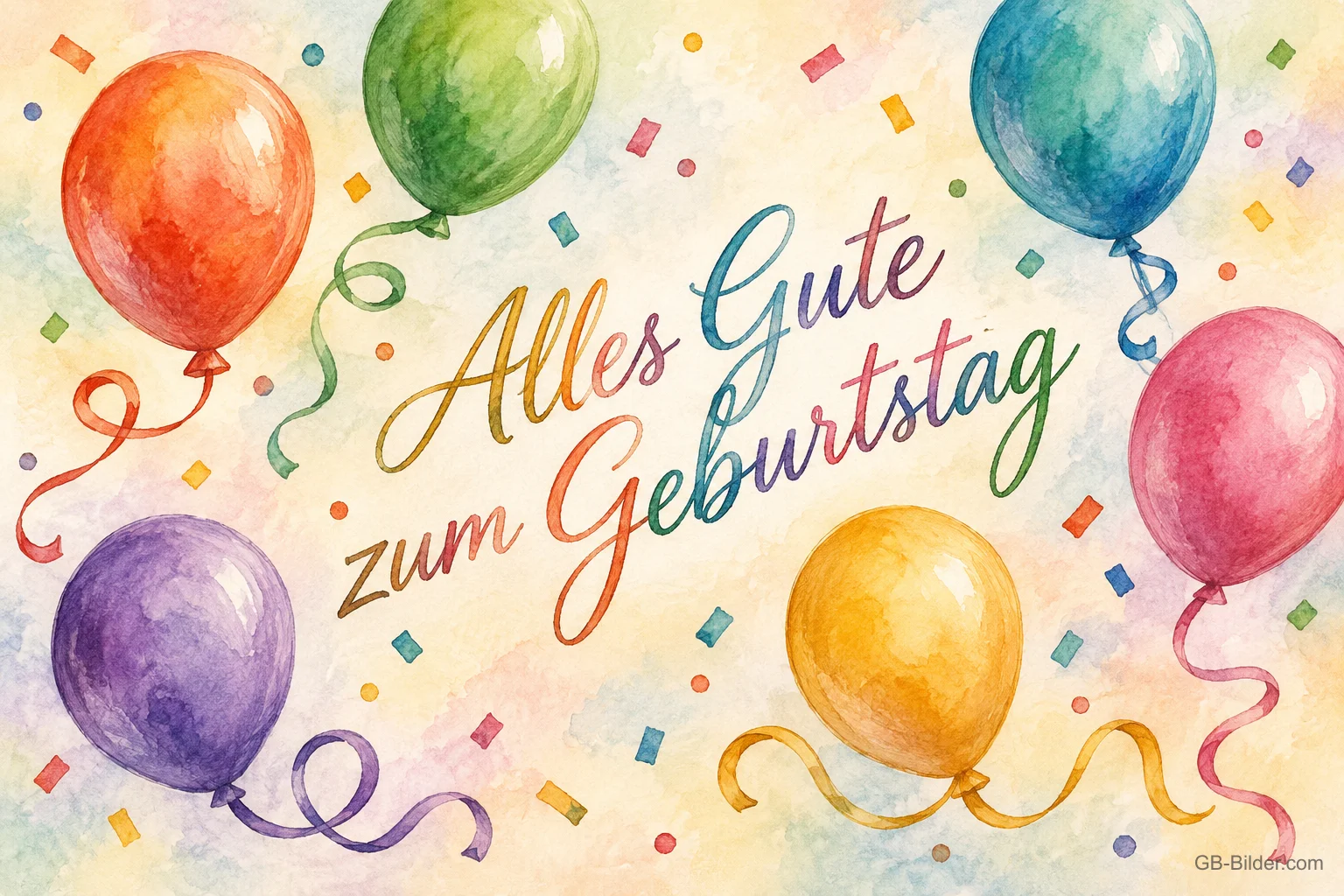 Bunte Luftballons in Aquarell, Text: Alles Gute zum Geburtstag