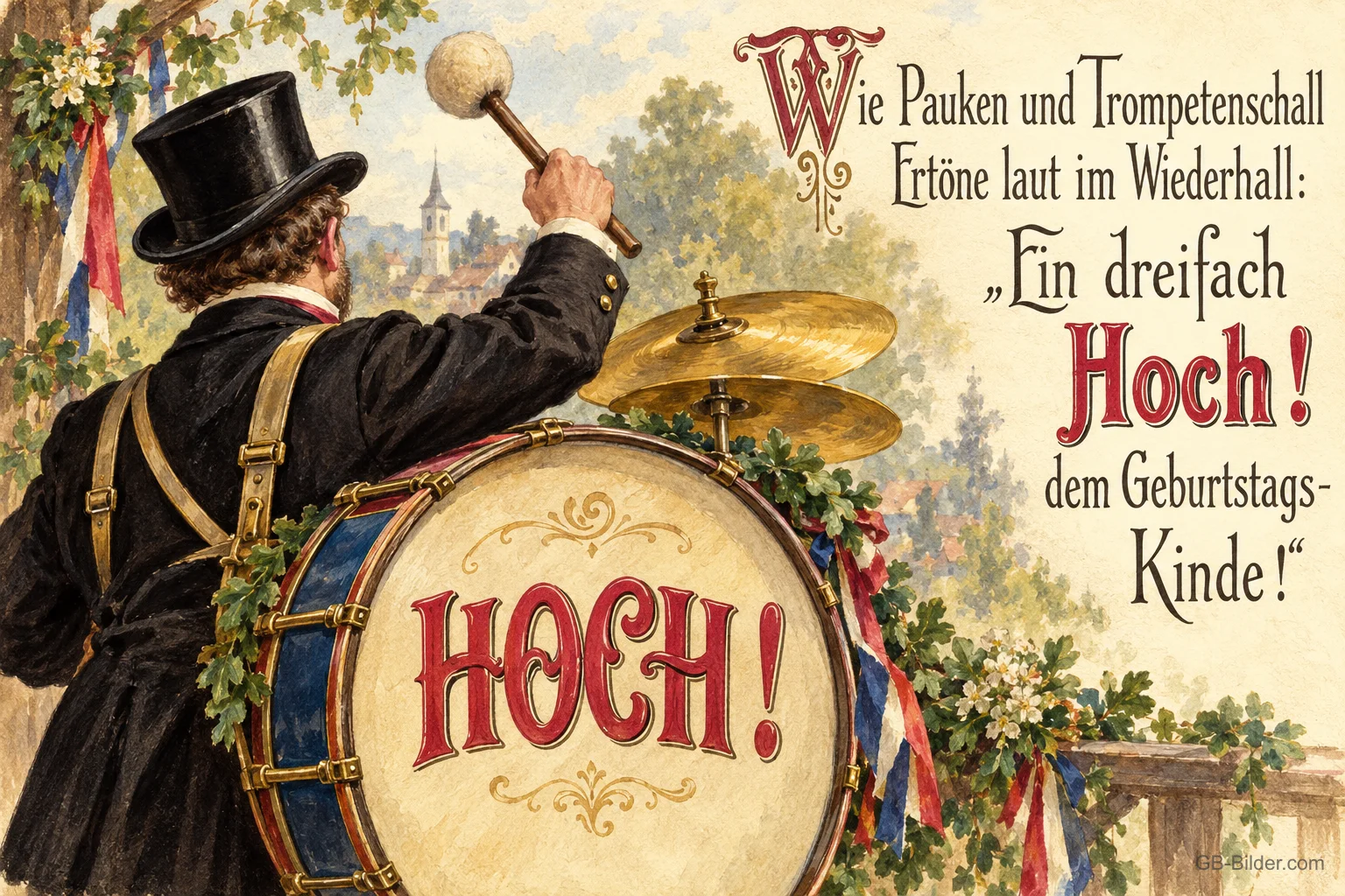 Mann mit Zylinder schlägt eine große Pauke mit der Aufschrift Hoch, Text: Wie Pauken und Trompetenschall ertöne laut im Wiederhall: „Ein dreifach Hoch! dem Geburtstags-Kinde!“