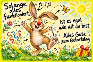 Hase mit roter Nase tanzt fröhlich zwischen Konfetti und Musiknoten, Text: Solange alles funktioniert, ist es egal wie alt du bist. Alles Gute zum Geburtstag