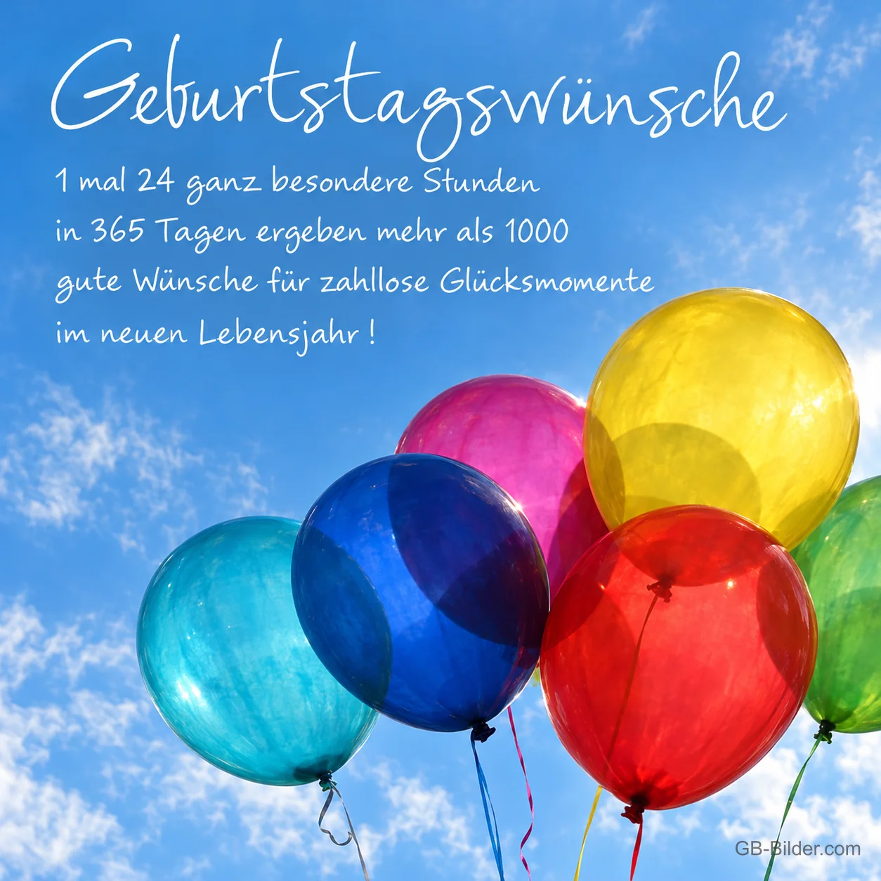Bunte Luftballons am Himmel, Text: Geburtstagswünsche – mehr als 1000 gute Wünsche für zahllose Glücksmomente
