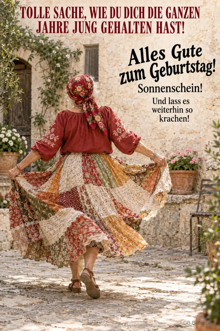 Tanzende Frau im bunten Rock, Text: Tolle Sache, wie du dich die ganzen Jahre jung gehalten hast