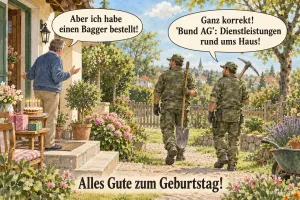 Mann und zwei Soldaten mit Werkzeug im Garten, lustiger Geburtstagsgruß